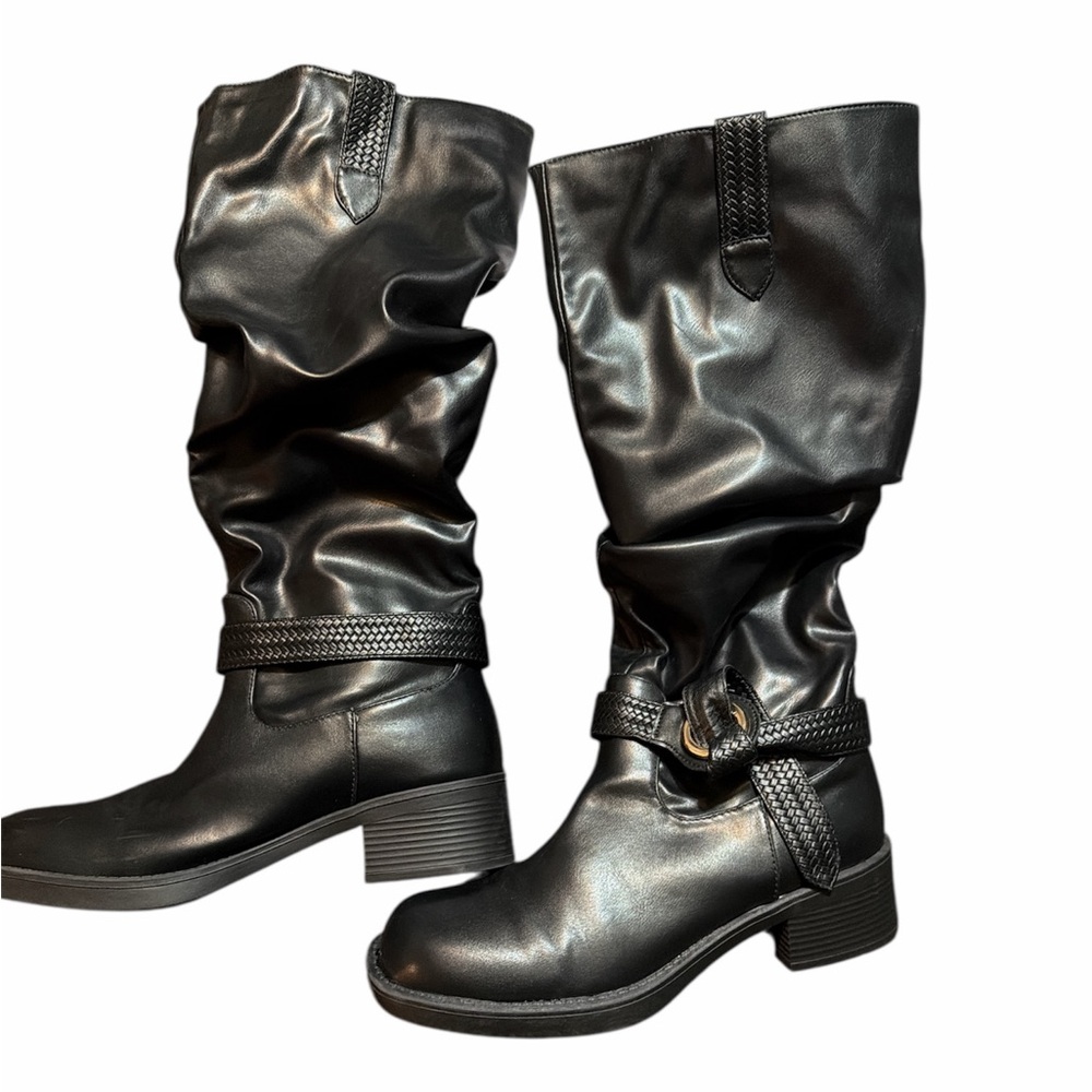 Black Women's braided Buckle Boots - Picture 3 of 7